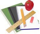 School notebooks , ruler and apple