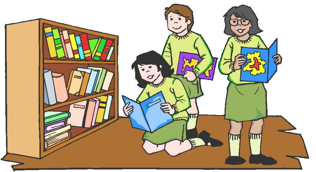 Three students looking for books 